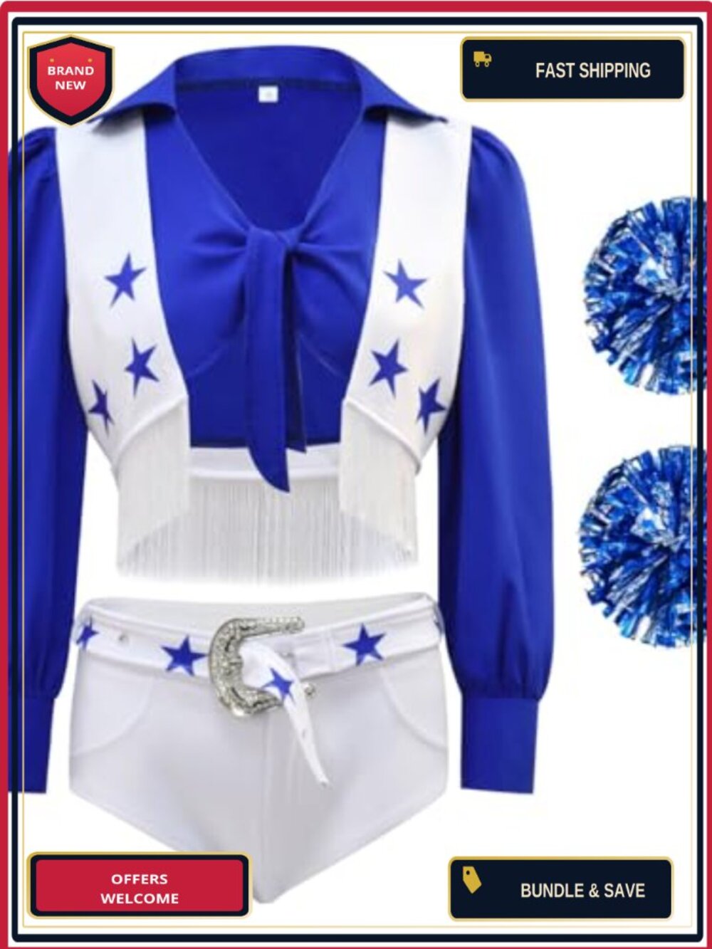 Cheerleader Costume 4PC Set Fringe Vest Shorts Pom Poms Halloween